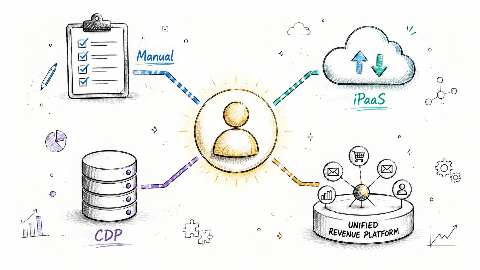 A diagram illustrating the integration of various business data sources into a central customer profile.