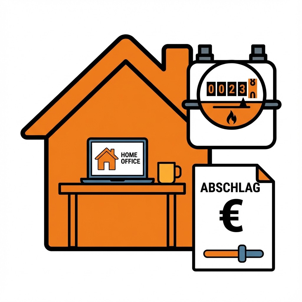 Grafik: Haus mit Home-Office-Laptop, Gaszähler und Dokument „Abschlag“ mit Euro-Zeichen und Regler.