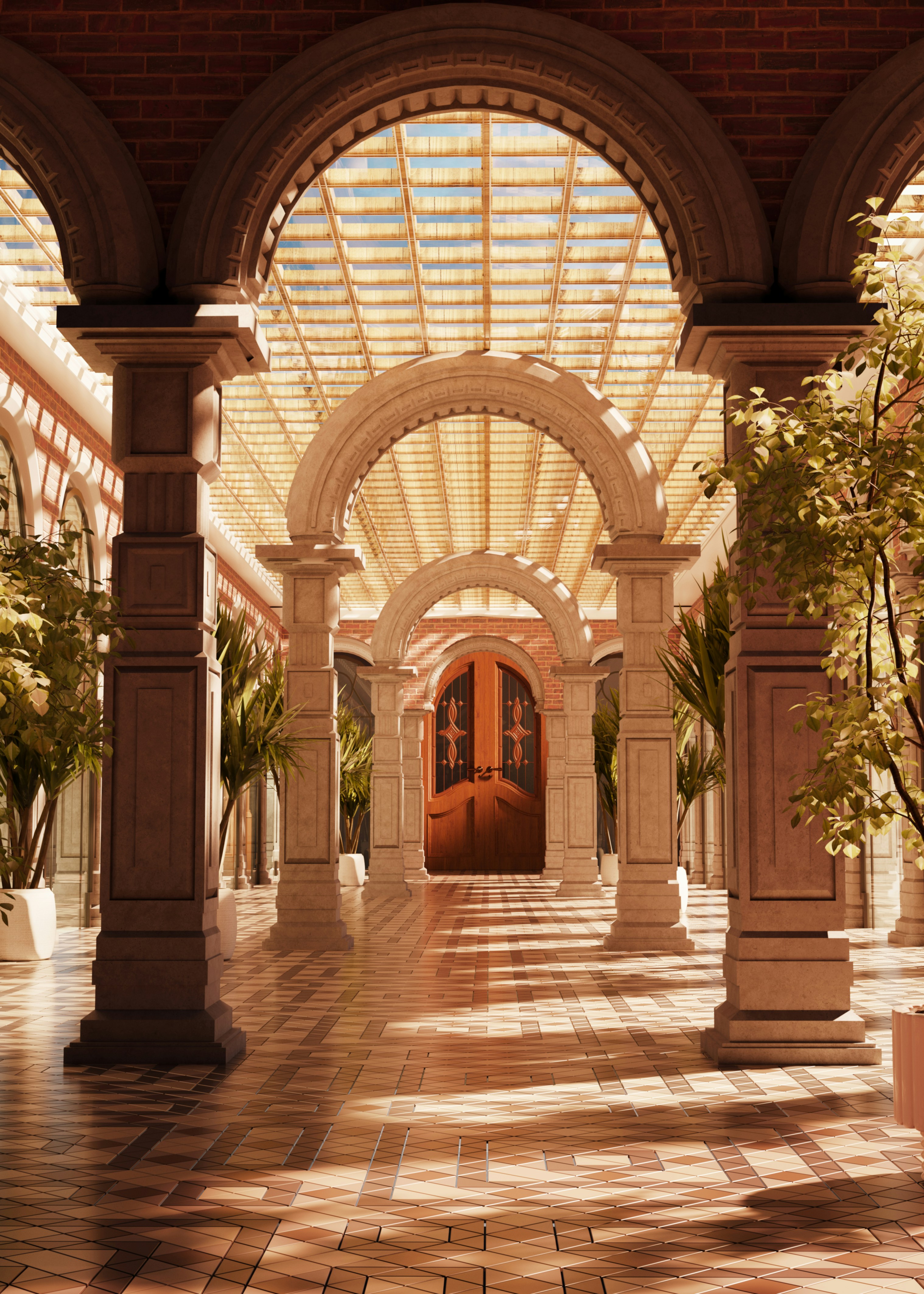 A straight terrace view featuring a distant doorway framed by multiple cream-colored pillars.