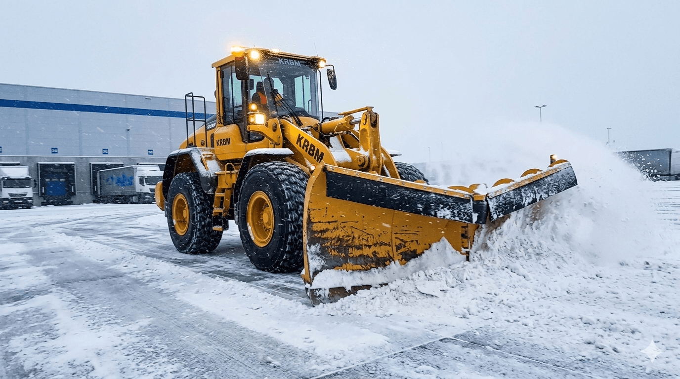 Ciężka ładowarka kołowa KRBM z hydraulicznym pługiem śnieżnym typu V usuwająca masowe opady i zbity lód z betonowego parkingu logistycznego, Poznań.