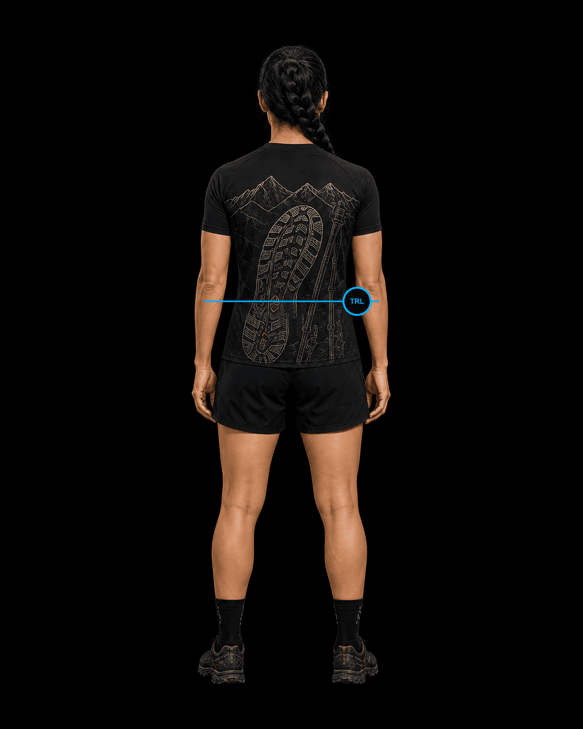 Back view of the same female trail runner wearing the black Valkyrie Formation trail-running kit concept with an engraved lugged trail shoe, poles and alpine ridgeline.