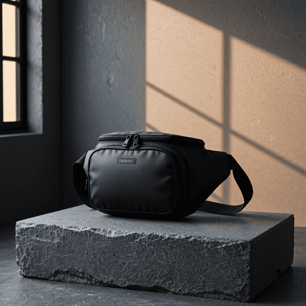 product photography of a stylish men's waist bag