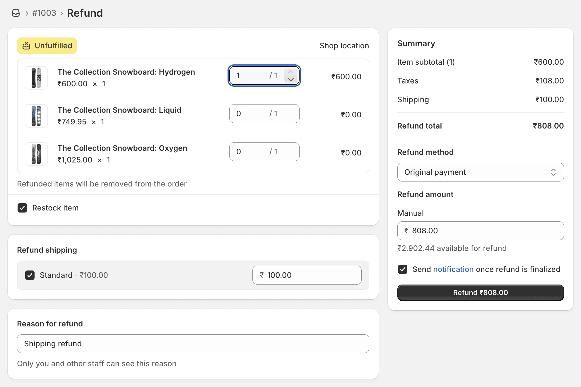 Shopify Order Admin Refund Section