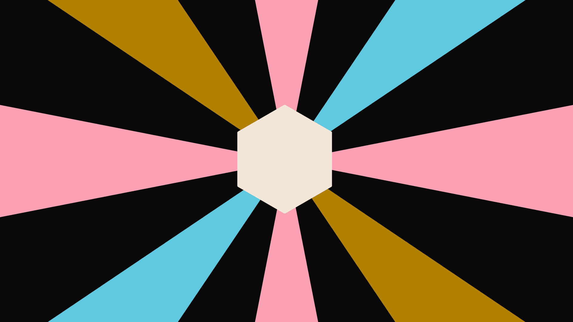 Hexagon at center with radiating pink, blue, and gold rays on black background, creating a vibrant, dynamic pattern.