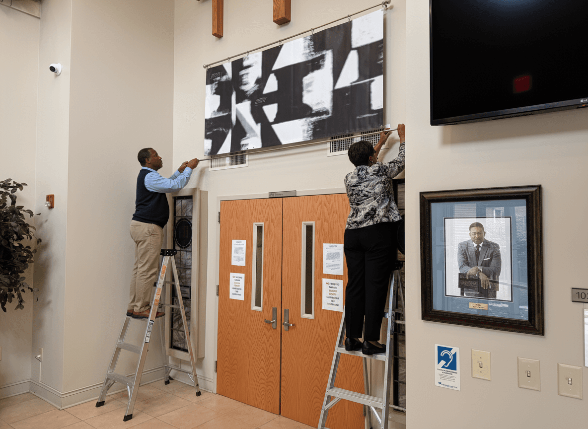 Two Pleasant Grove Church Trustee Ministry members working together to hang a wide horizontal banner above the sanctuary entrance doors in the church lobby. The candid, documentary-style photo captures the trustees on ladders carefully aligning the banner, illustrating their dedicated stewardship and oversight of the church facilities and physical resources in Cary, NC.