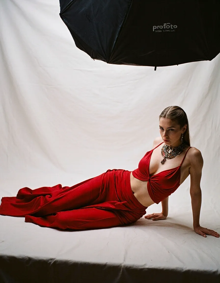 Woman in flowing red dress reclining on white backdrop in professional studio fashion photoshoot setting