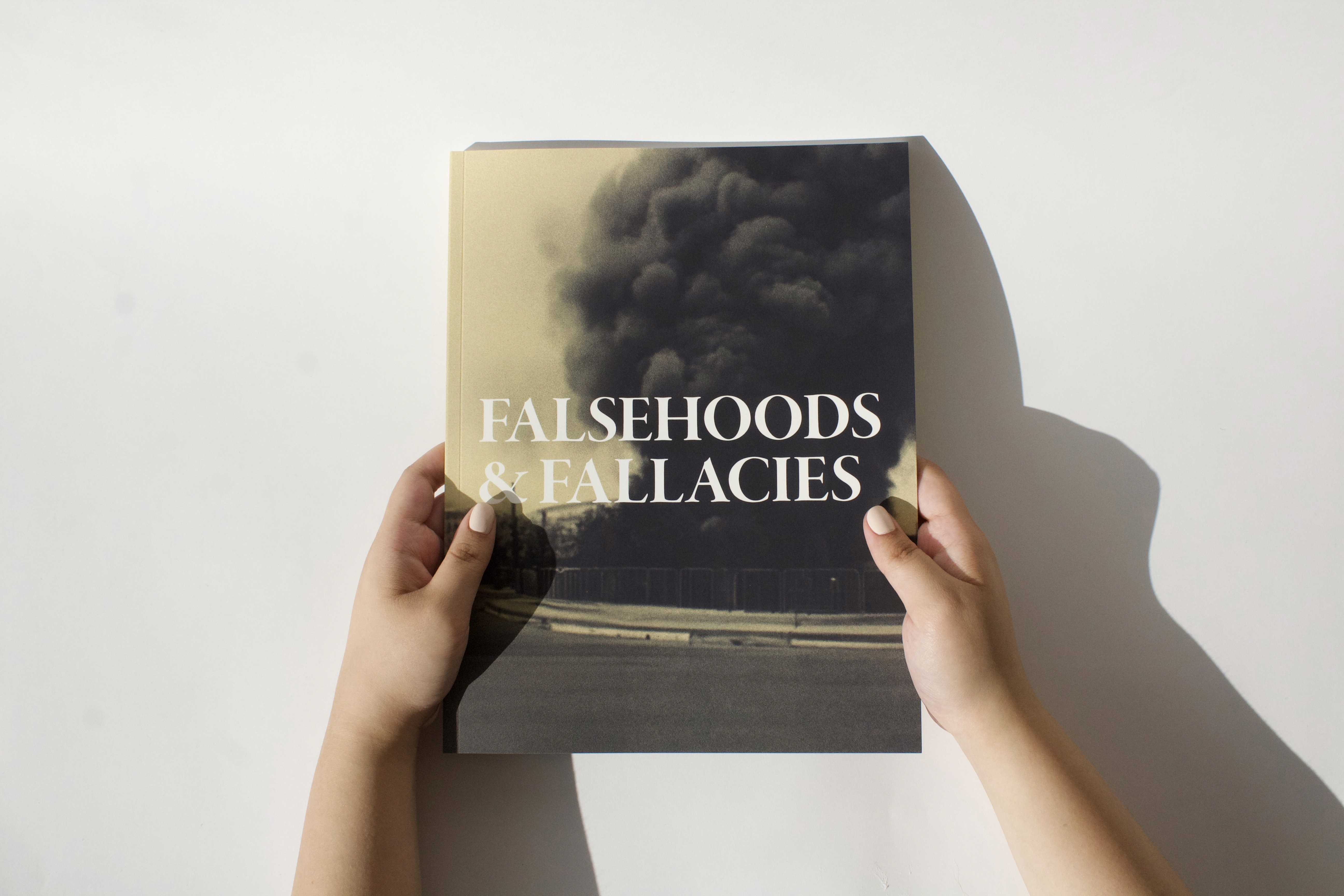 Person holding the Falsehoods & Fallacies book, showing the cover design.