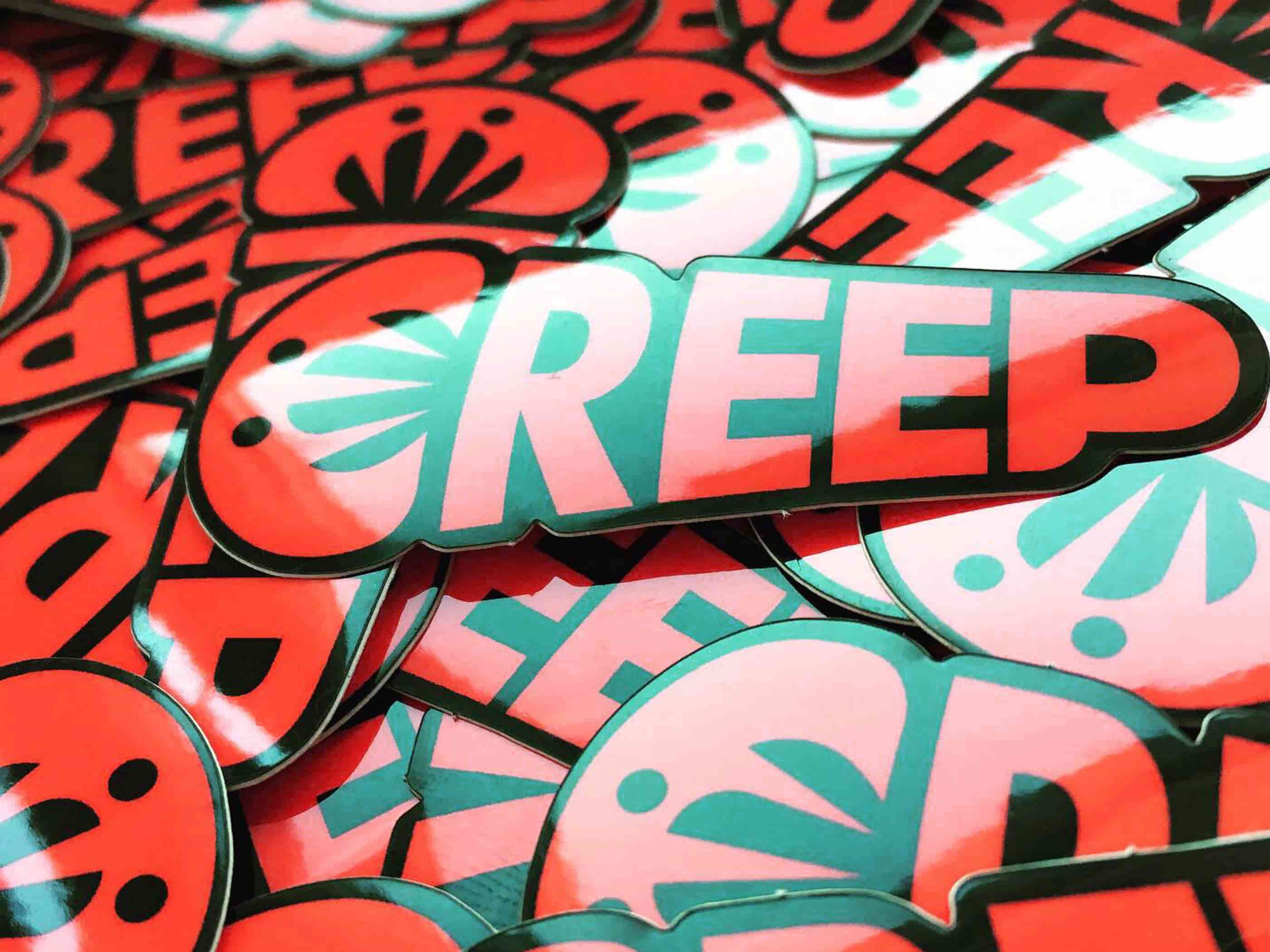 red creep sticker collection bunched together.