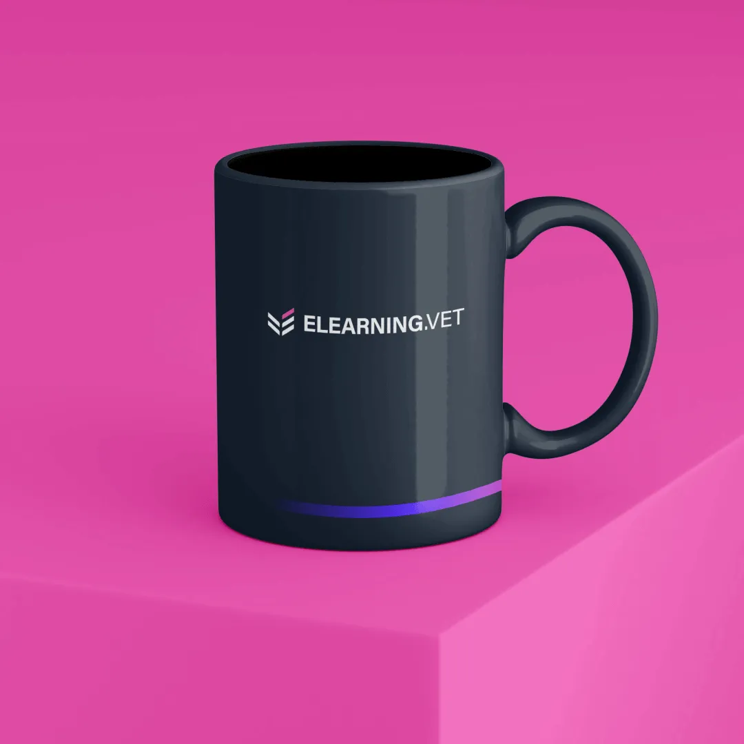ELEARNING.VET branded mug displaying the company visual identity
