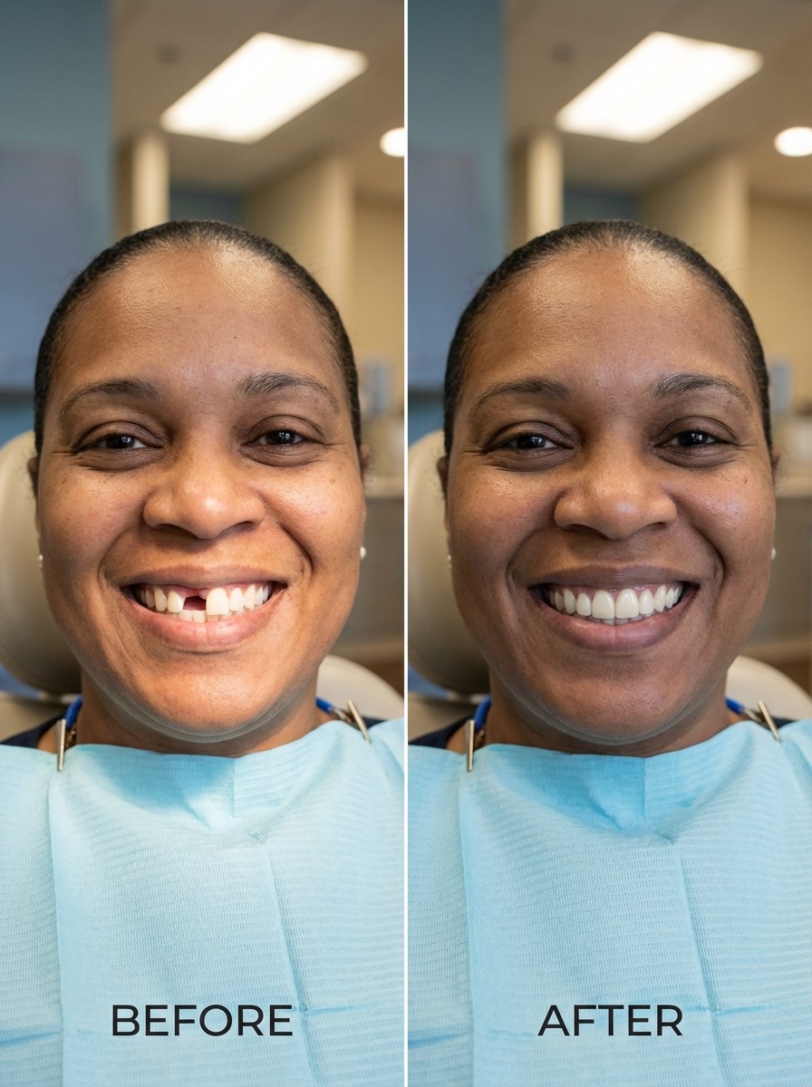 Before and after same-day dental implant showing missing tooth replaced with natural-looking restoration at Smyrna Dental Studio