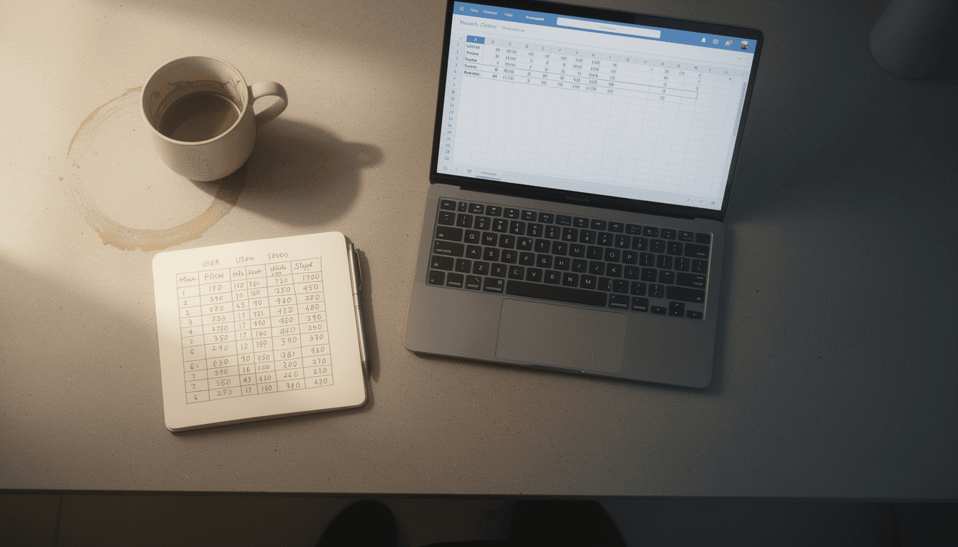 Founder's desk with a notebook showing user tallies next to a laptop with a small spreadsheet, representing early-stage product-market fit analysis at 50 users