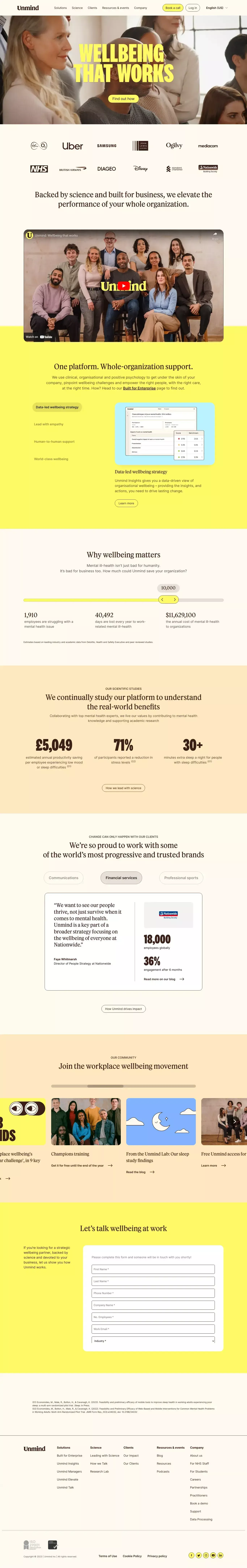 Unmind landing page screenshot showcasing HR and Tech design