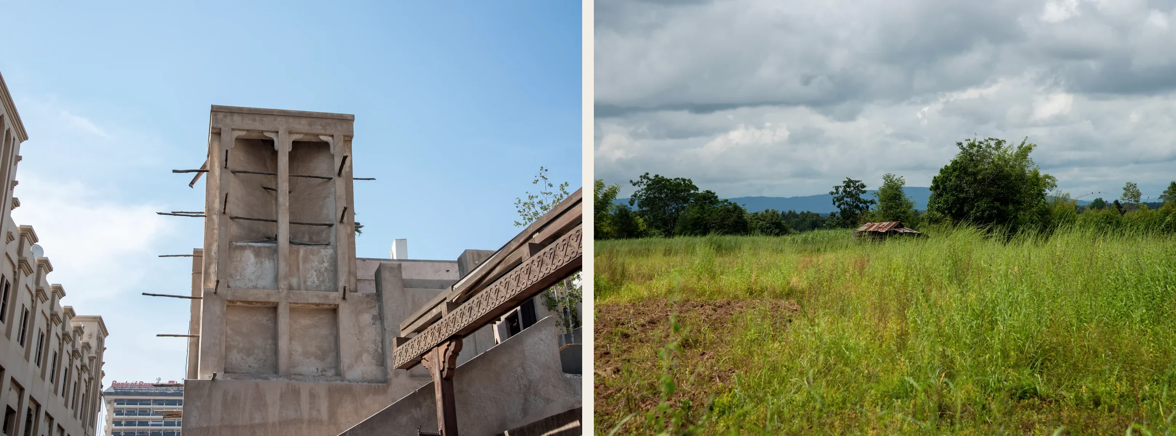 A traditional UAE wind tower paired with a rural landscape in Thailand.