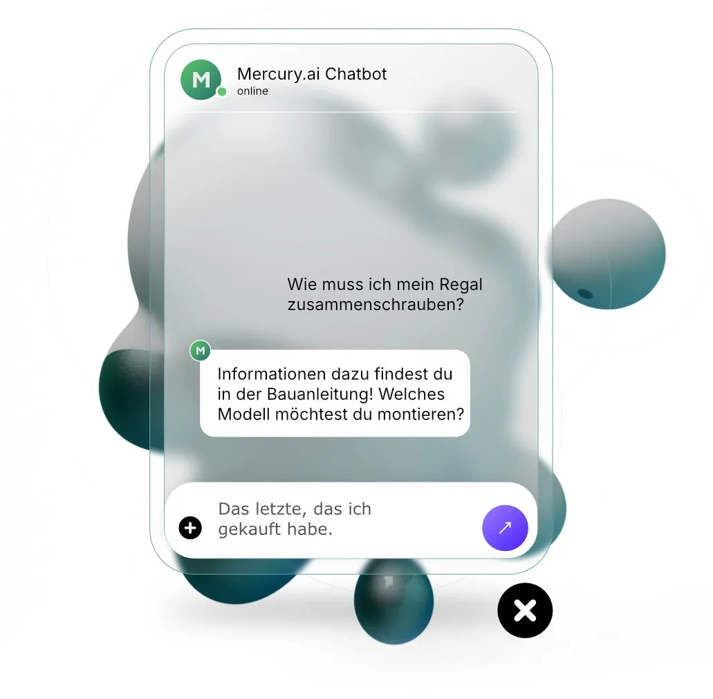 Mercury.ai Chat-Widget im Einsatz: Konversationsansicht mit integrierter KI-Assistenz und Plattform-Branding