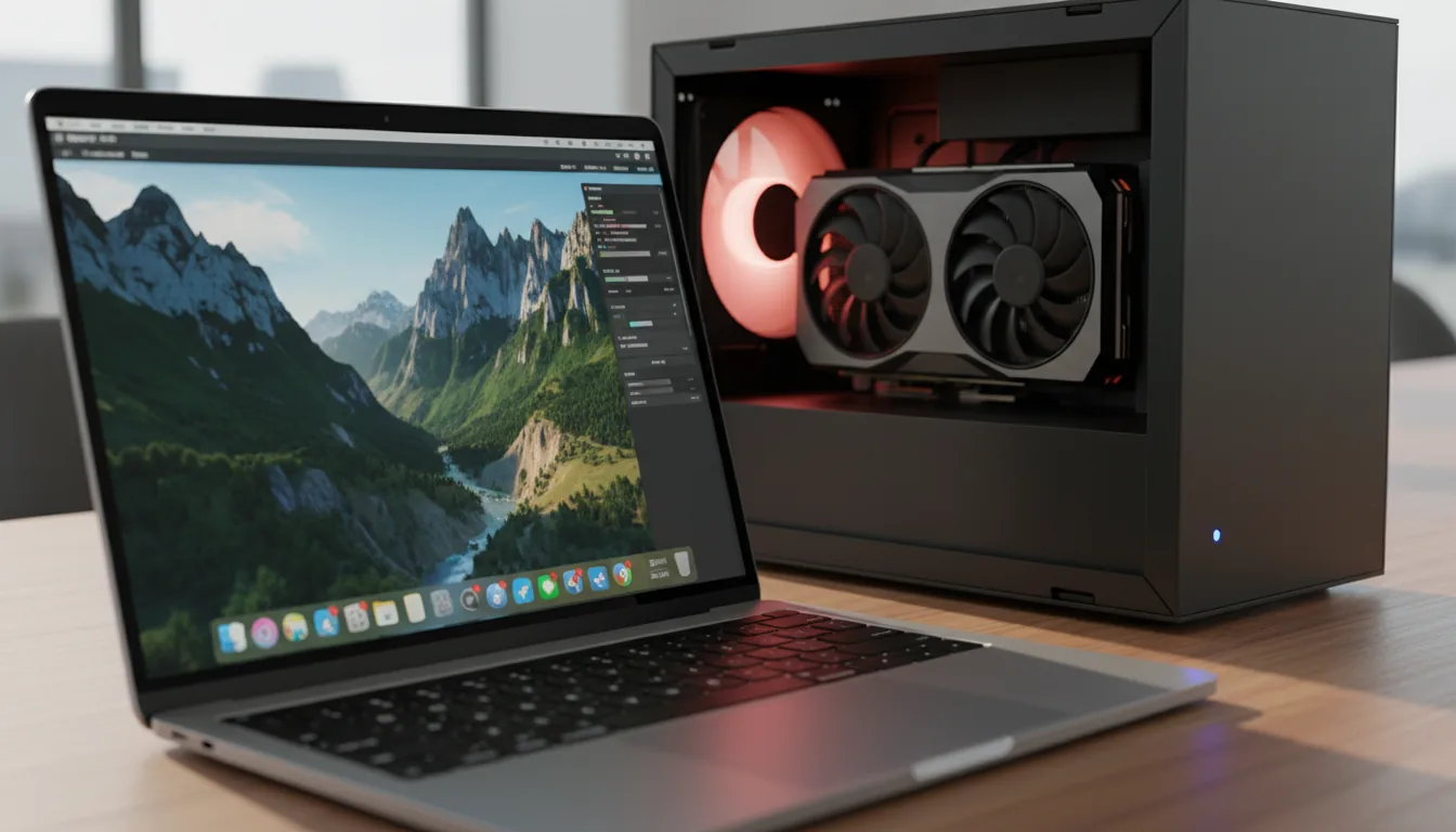 DSLR photograph, close-up angled shot of a tech setup on a polished wood grain surface. A sleek silver MacBook Pro is in the foreground, its screen displaying a vibrant 3D graphics benchmark of a mountainous green valley with a UI overlay showing placeholder data. Next to it is a large, black, open-sided eGPU enclosure housing a powerful graphics card with a black and silver shroud. The interior of the eGPU is dramatically lit by a glowing red fan and a small blue LED. Natural daylight fills the scene, creating soft reflections on the hardware. Shallow depth of field with the hardware in sharp focus and the background softly blurred.