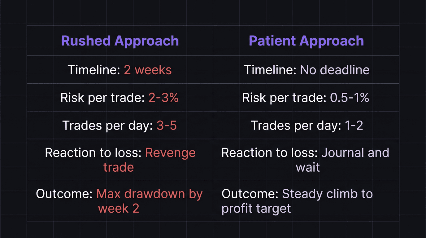 Comparison table showing rushed versus patient funded challenge approaches