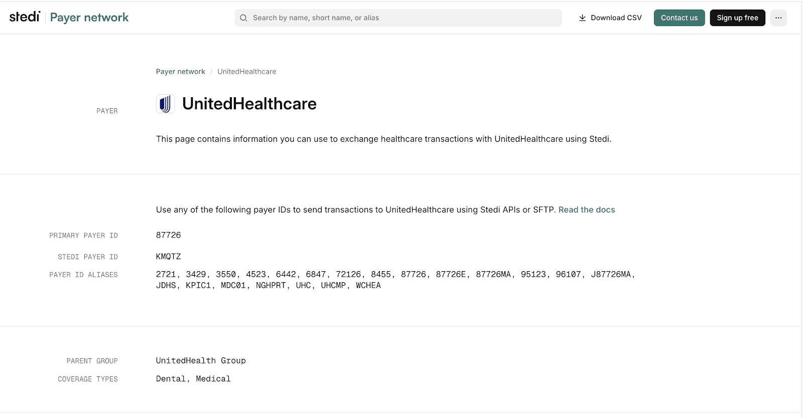 Stedi Payer Network - Payer Detail Page