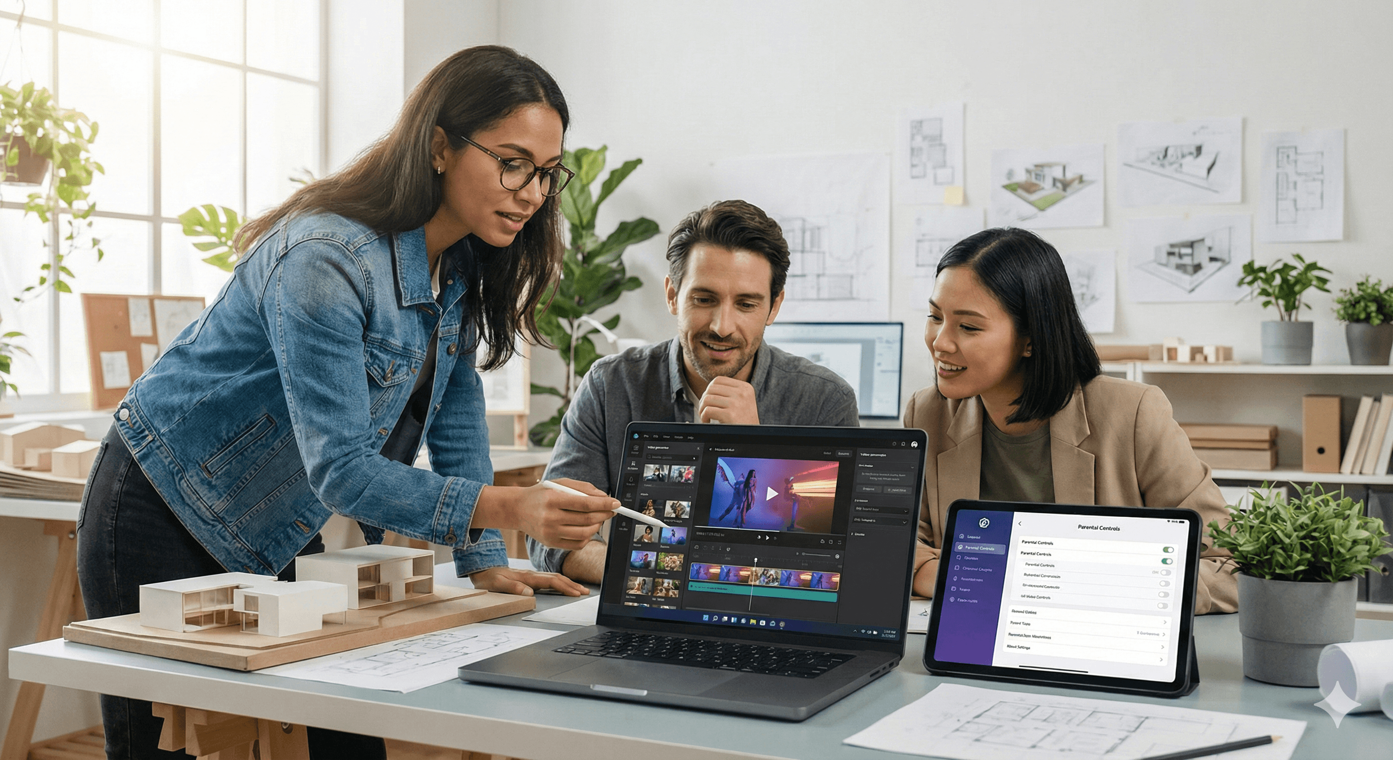 In a modern office filled with architectural plans, three colleagues collaborate on a creative project using a laptop and tablet, embodying the Sora Feed Philosophy: Creative, Safe, and Steerable.