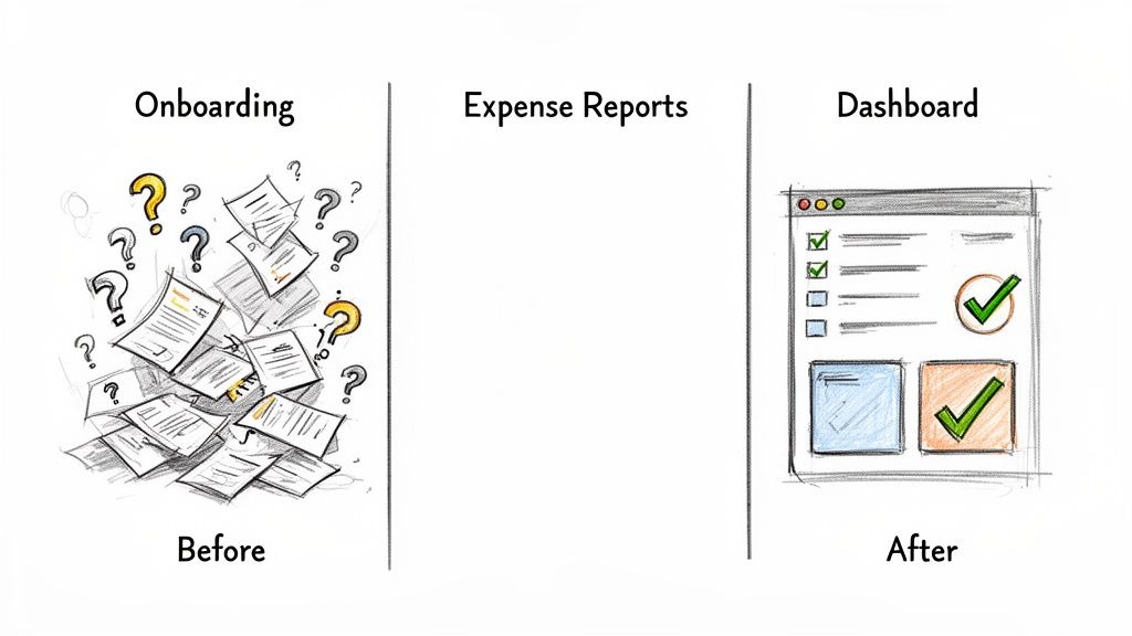 Before and after illustration contrasting messy onboarding documents with an organized digital dashboard.