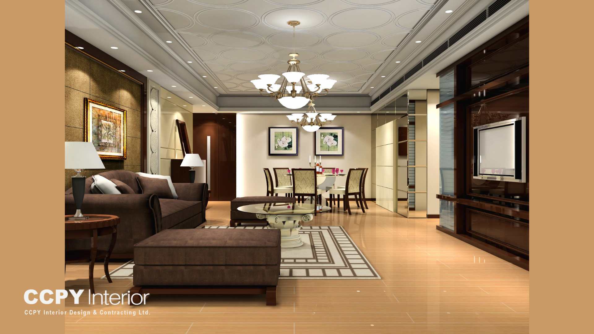 A luminous luxury house interior at Mount Pavilia featuring a blue velvet sofa, an Eames-style lounge chair, and a grand crystal chandelier.