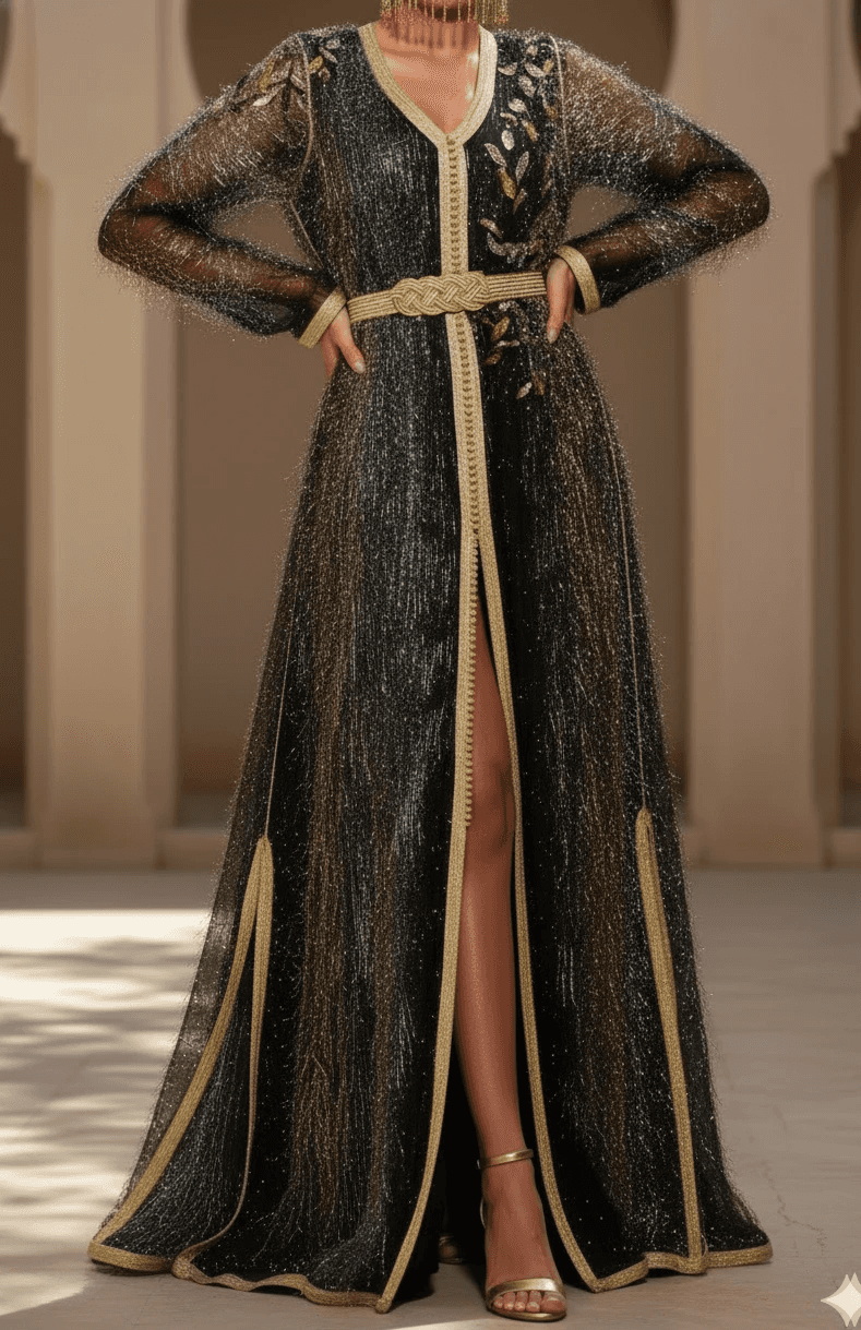 Black Moroccan caftan with gold embroidery, handcrafted couture piece made between Bahrain and Morocco