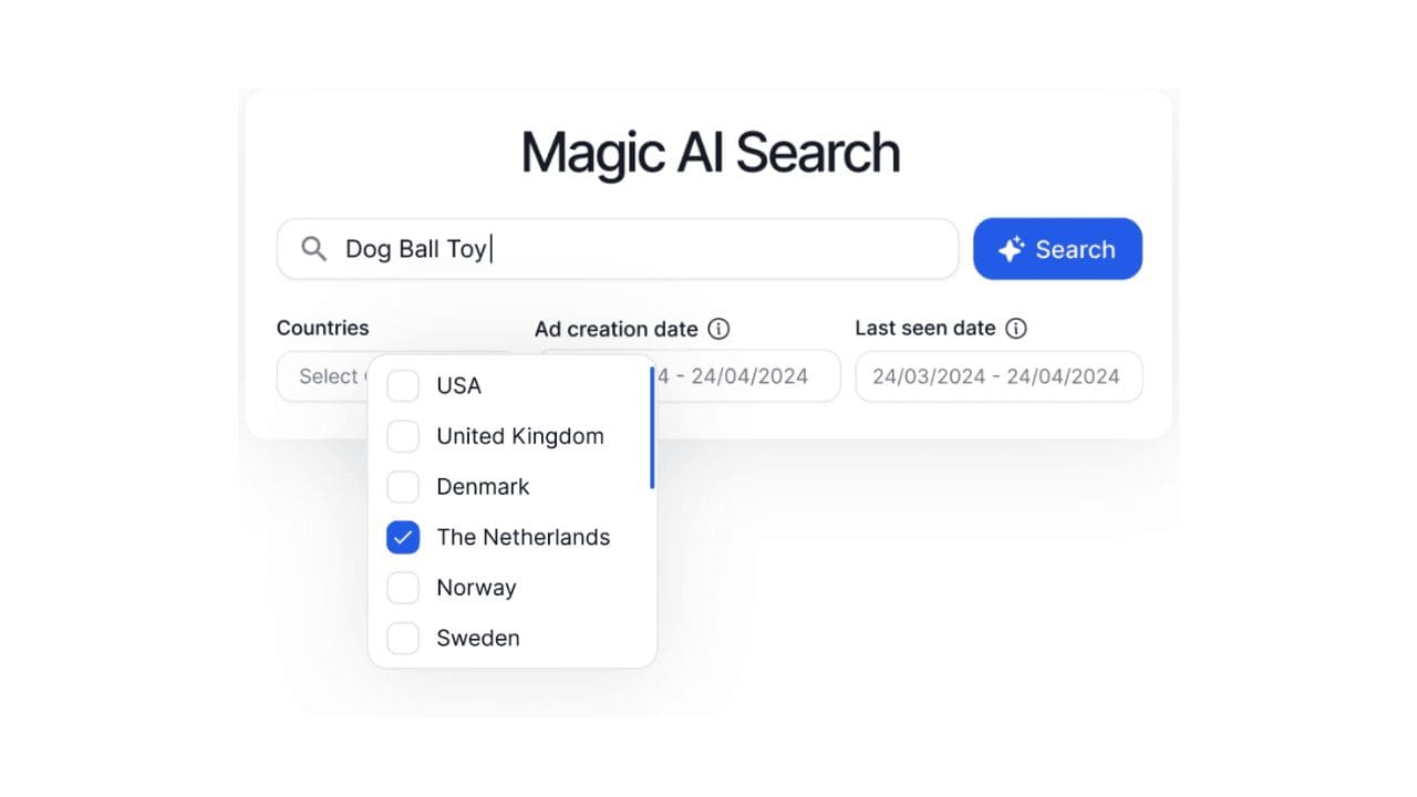Magic AI search tool with product search and country filter