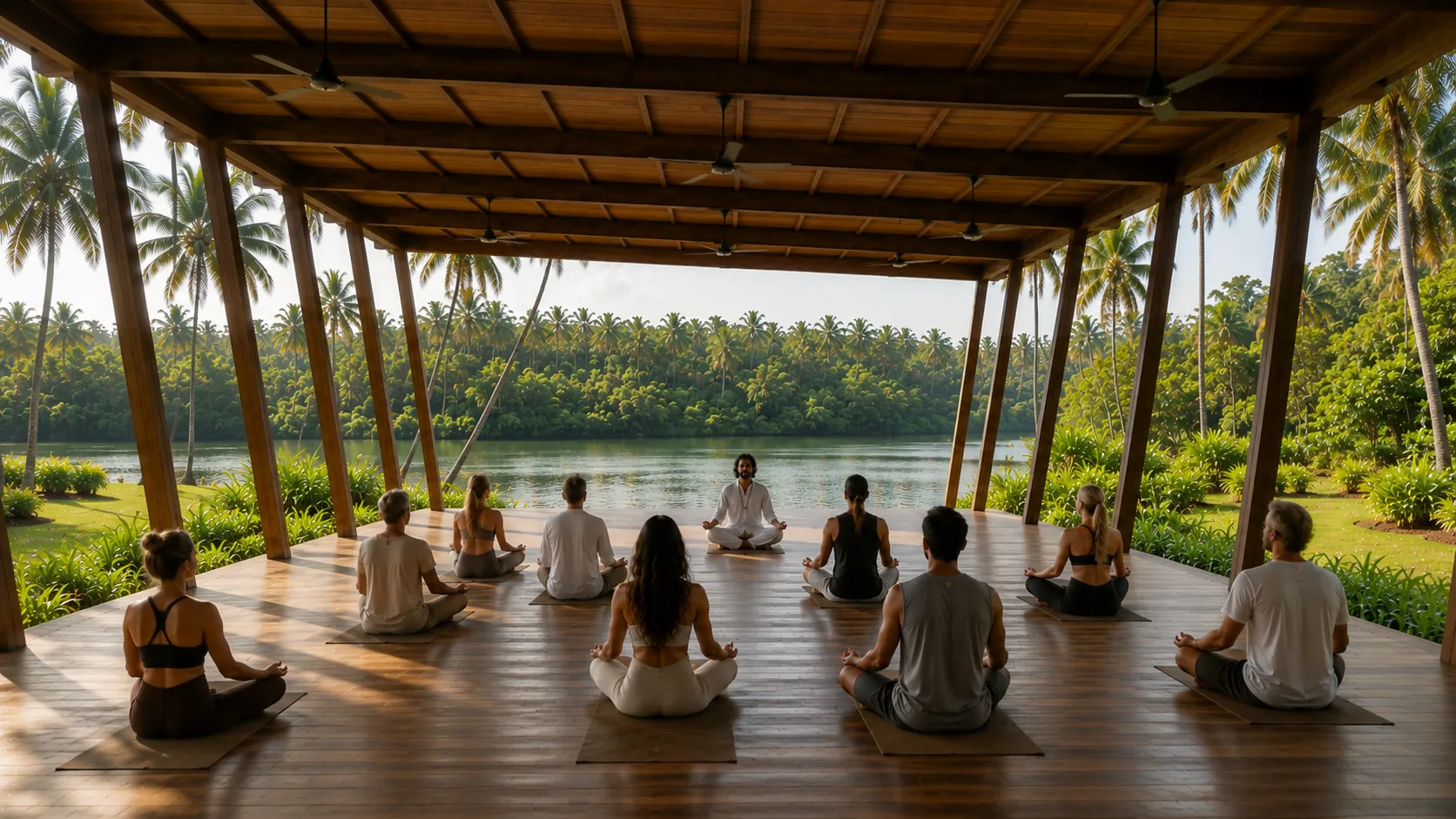 Small group meditating in the riverside yoga shala at Jaali River Sanctuary