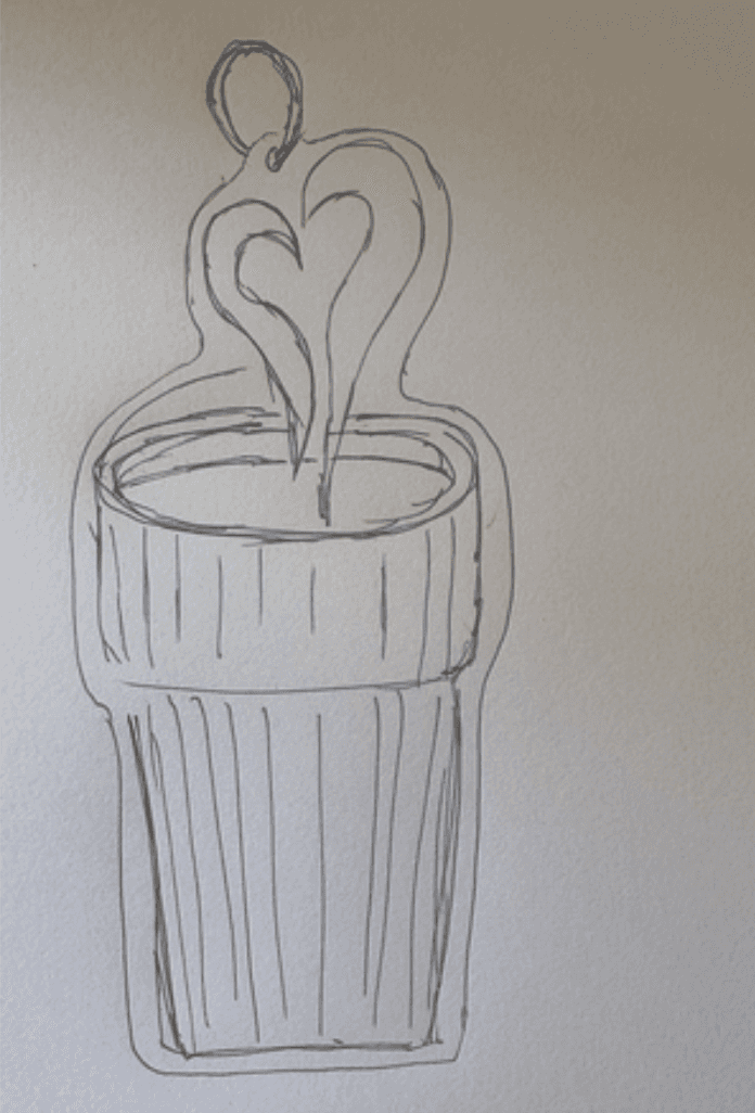 Pencil sketch of a takeaway cup with heart-shaped steam rising from the top.