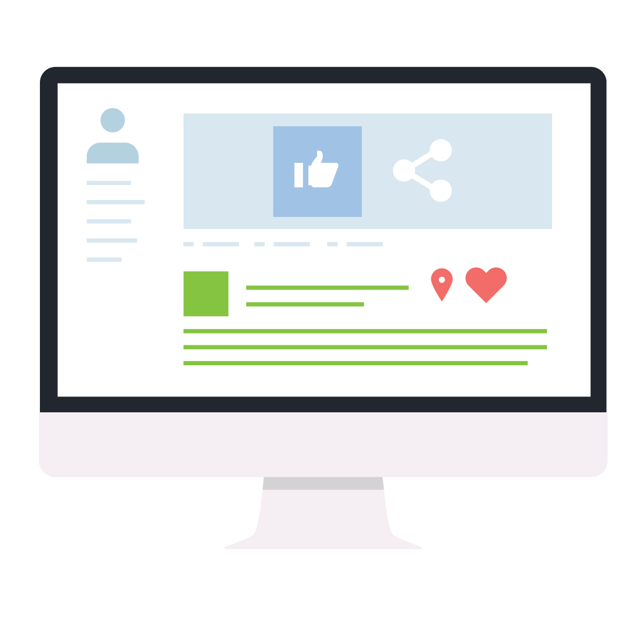 Illustration of a desktop screen displaying a simplified social media interface. Features include a user profile icon, like and share buttons, post content with green text, a location pin, and a heart icon.