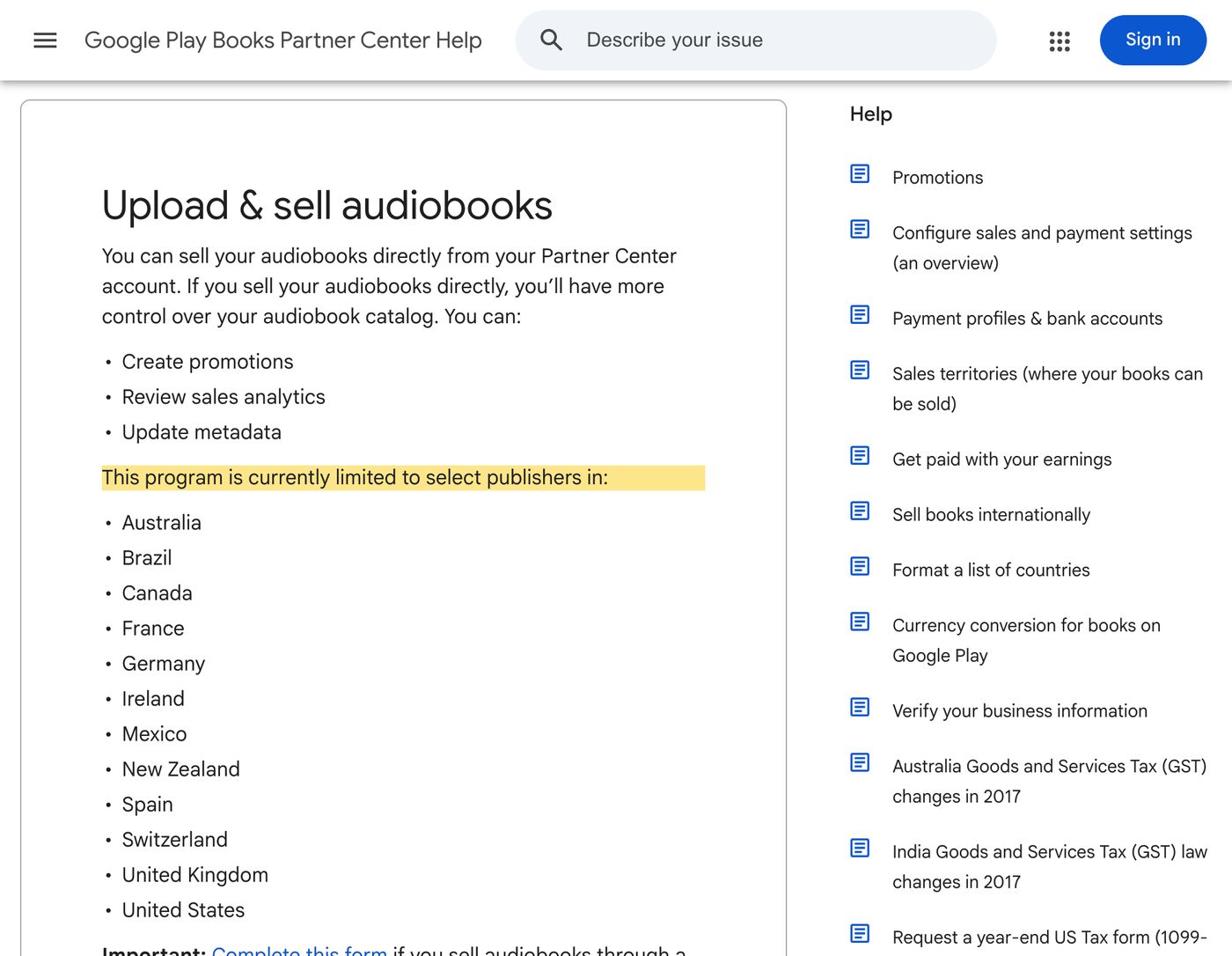 Google’s help page listing the 12 countries where publishers can sell audiobooks directly