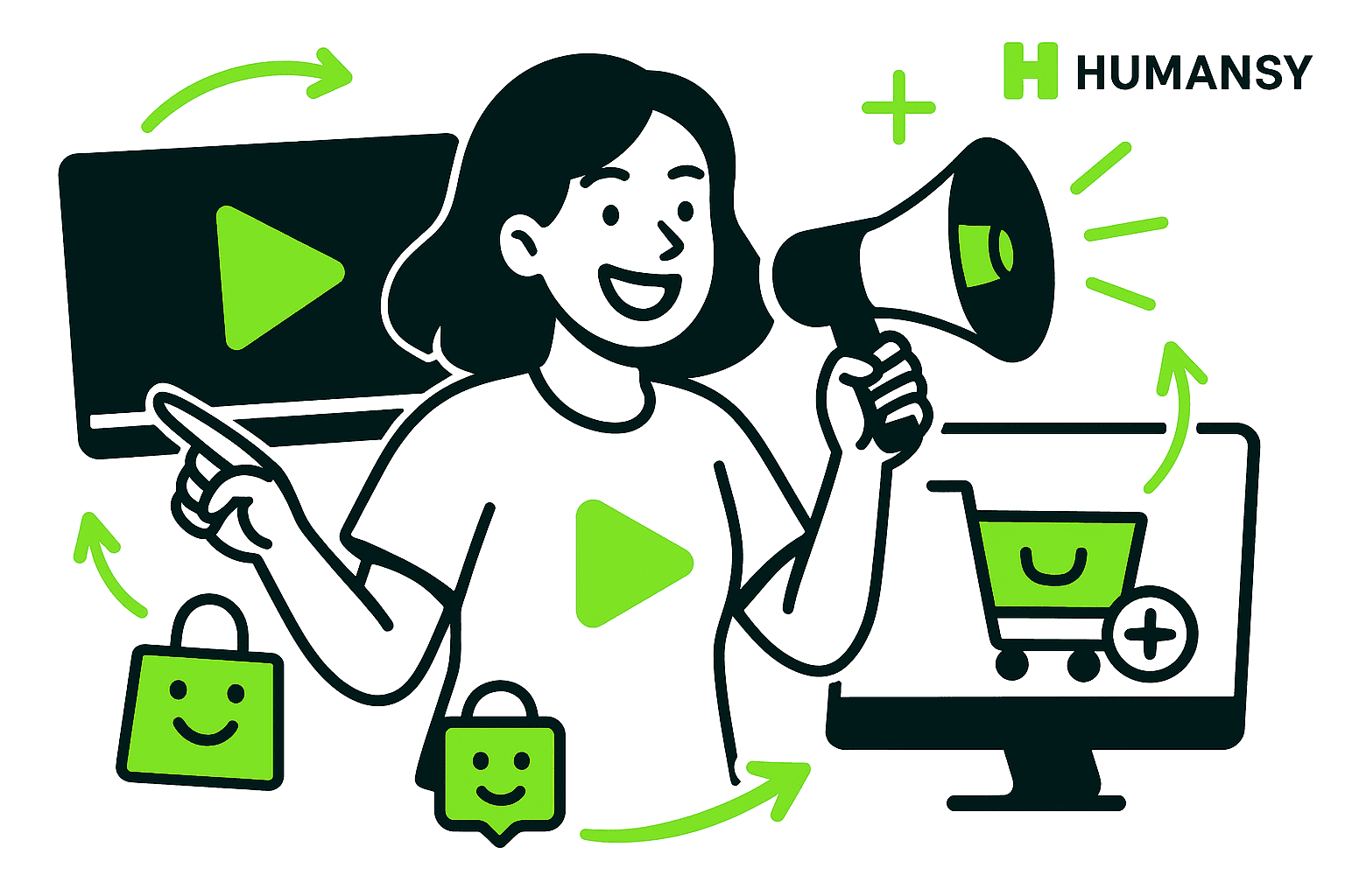 Woman promoting products with video content and a megaphone, representing video marketing in ecommerce marketing tactics.