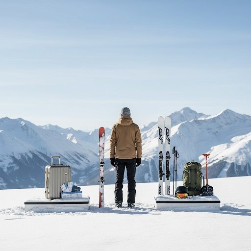 skier op berg met skispullen