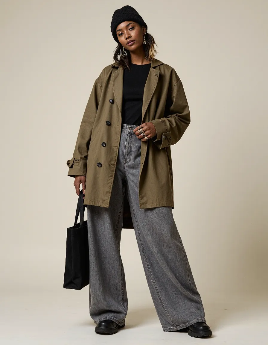 Fashion portrait featuring an olive green trench coat over black top with wide-leg gray denim, black beanie and tote bag against neutral backdrop