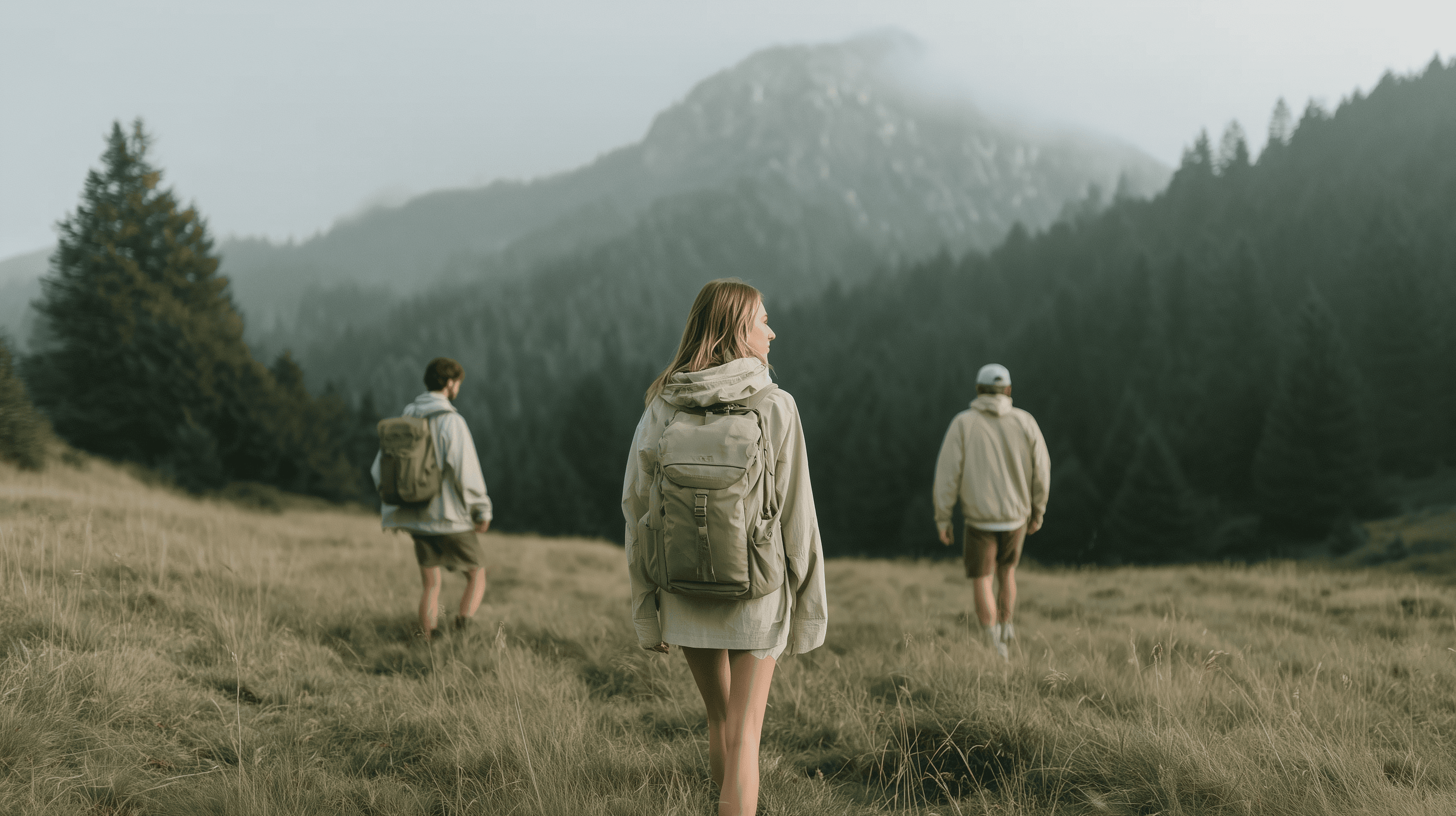 Group of hikers walking through a mountain meadow surrounded by pine trees and misty peaks.