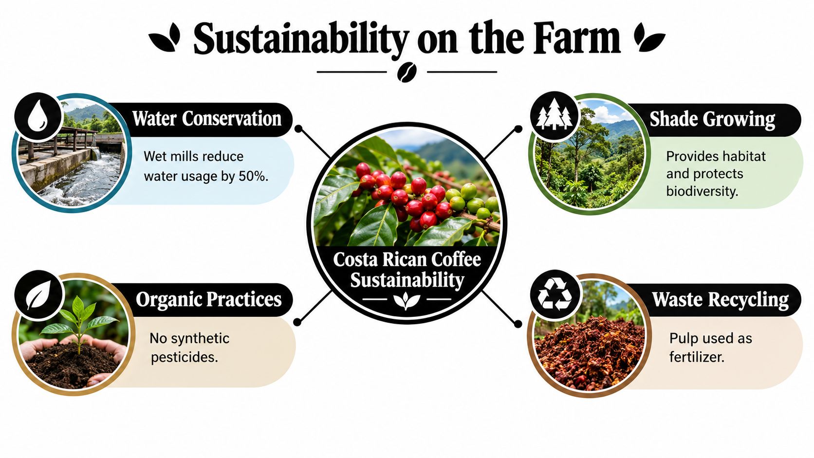 An infographic showing four sustainable practices used on Costa Rican coffee farms, including conservation and recycling.