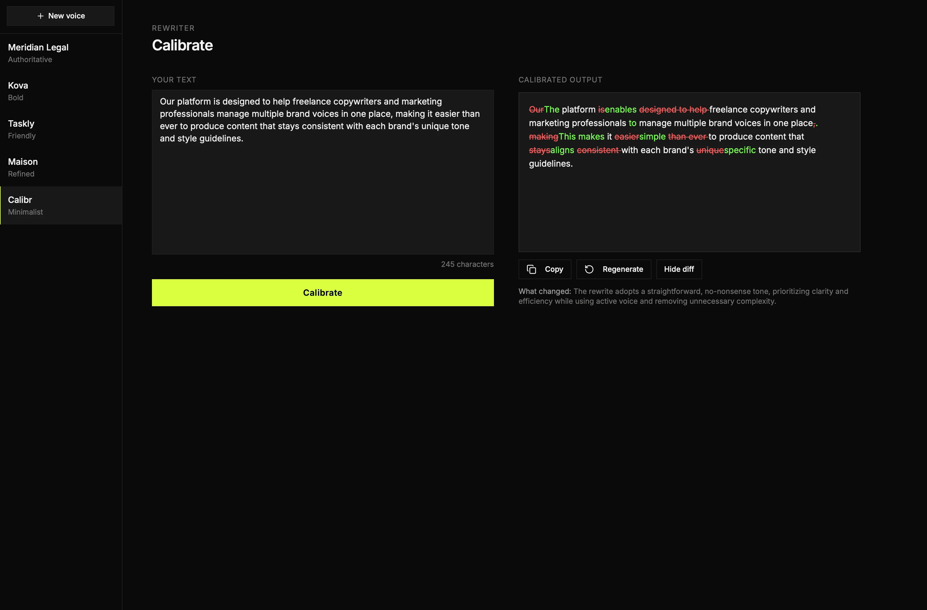 Calibr rewriter showing a brand voice calibration for Kova — original corporate copy on the left transformed into bold, direct output on the right