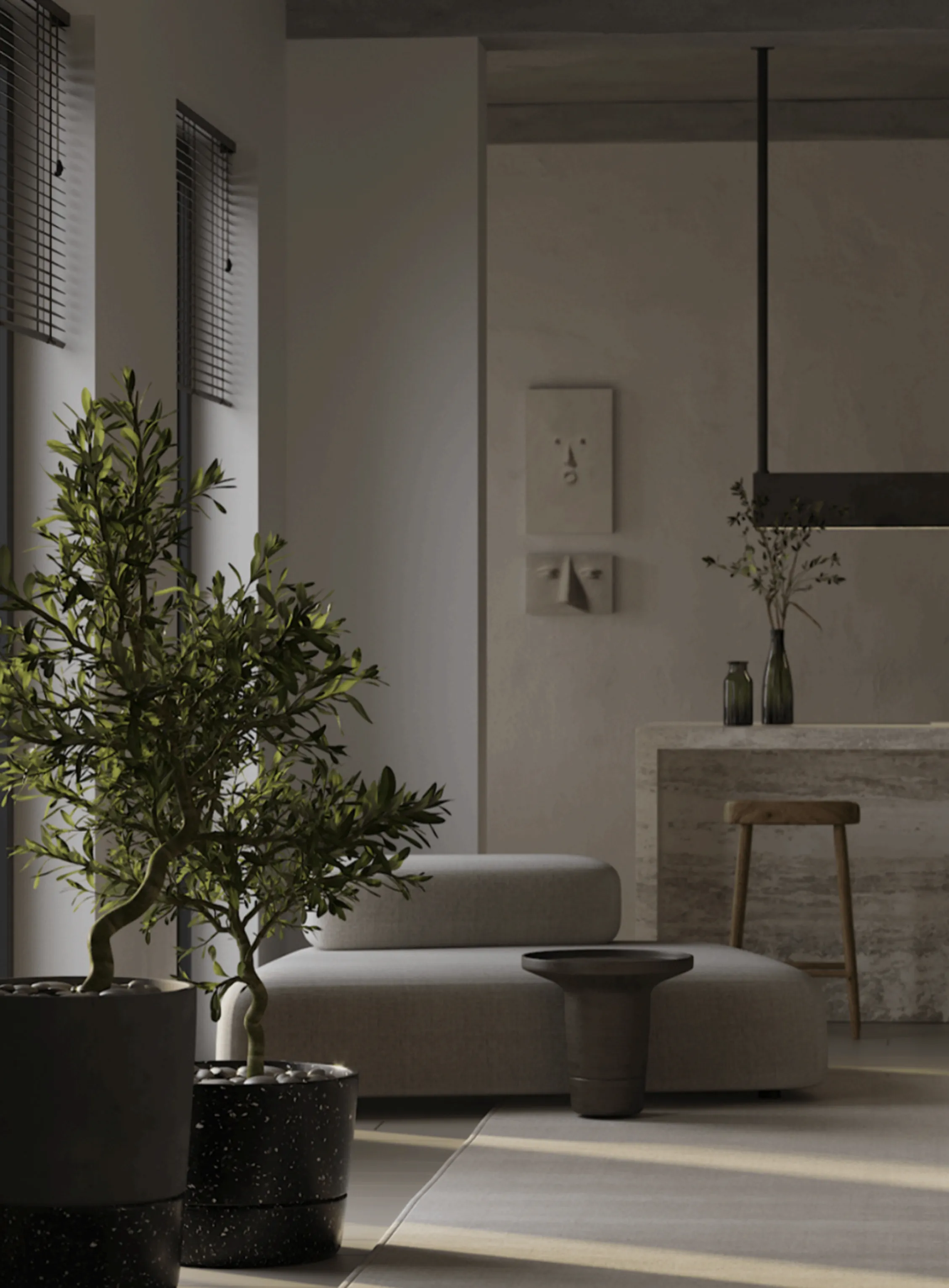 View on designer and minimalistic living room corner with a green plant and brown shade shadow.