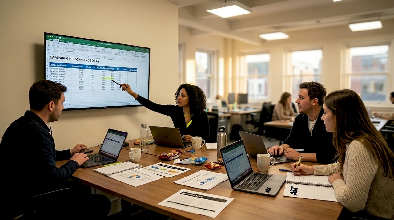 Marketing team discussing ad results in meeting