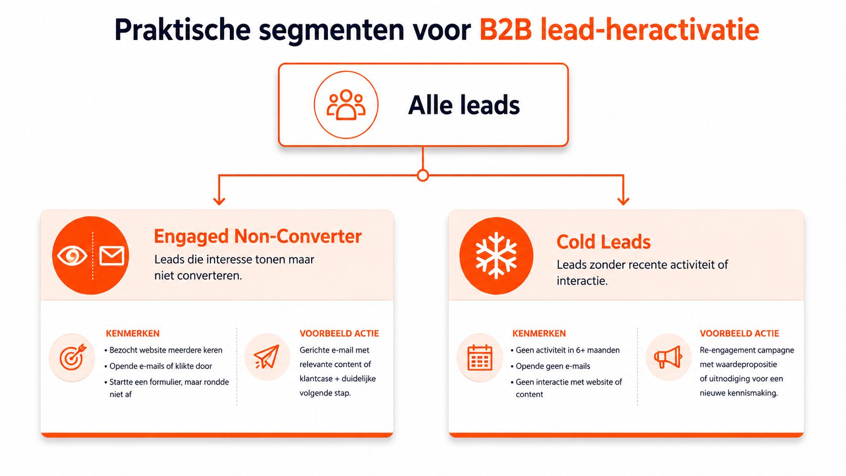 Een stroomschema over B2B lead-heractivatie, onderverdeeld in Engaged Non-Converter en Cold Leads categorieën.