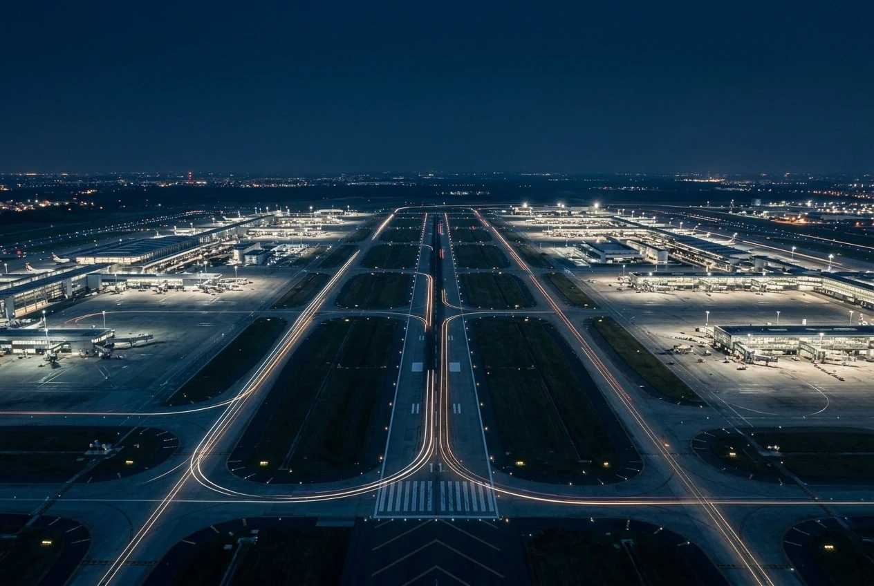 Aerial night view of an airport runway leading to illuminated terminals