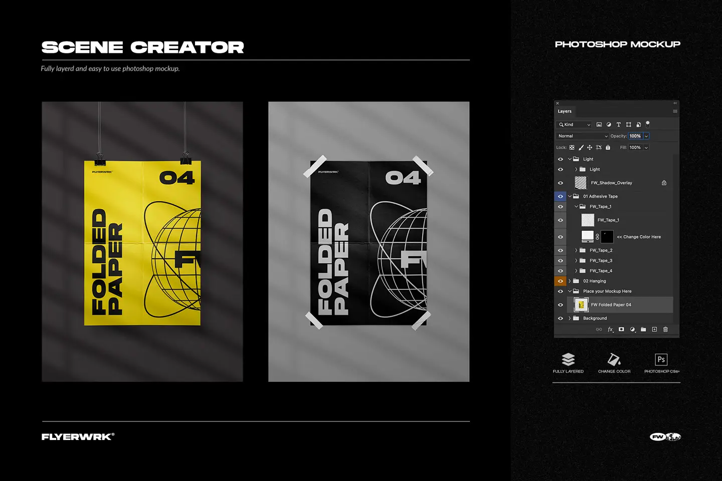 Folded paper sheets scene creator with layered PSD files editable colors and realistic shadow overlays