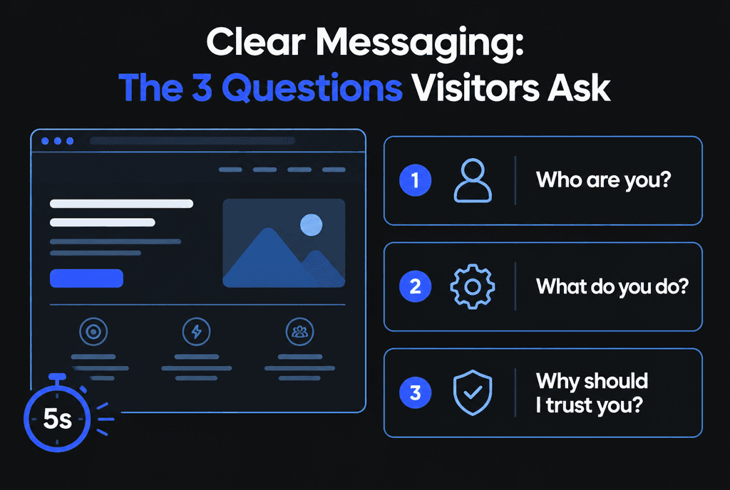 Infographic on clear messaging showing a homepage wireframe and the three questions visitors ask: who are you, what do you do, why should I trust you