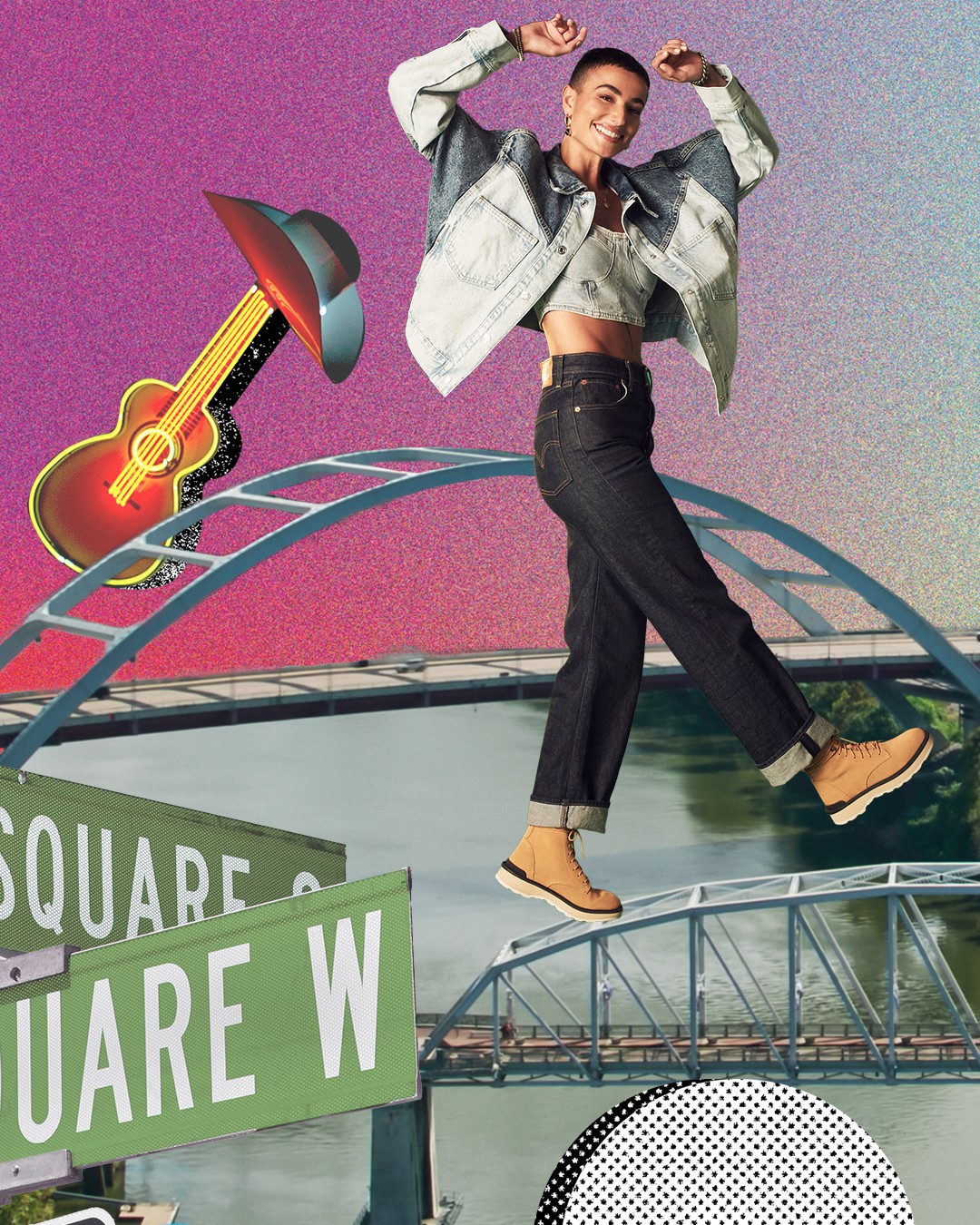 A model poses in a green screen animated take on Nashville. Photo produced by Shahed Khaddash.