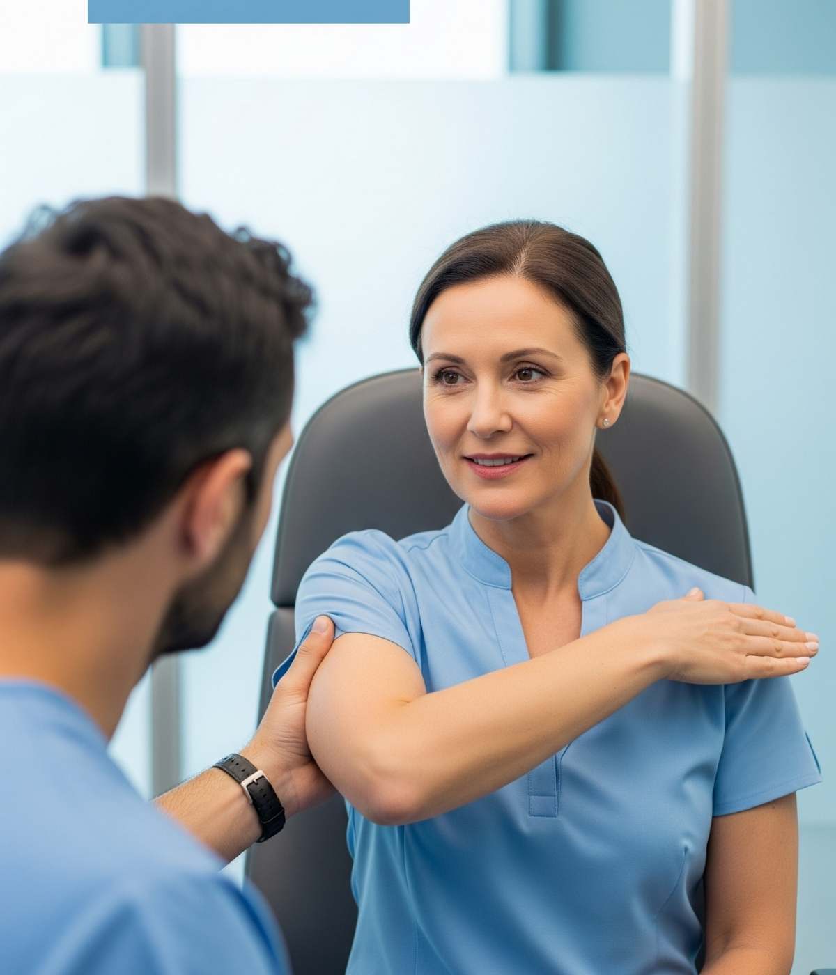 A specialist assessing rotator cuff injury with the bear hug test.