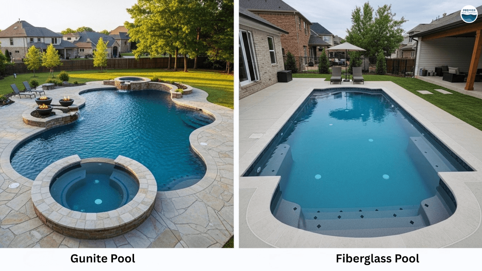 Gunite vs fiberglass pool comparison showing backyard designs and differences