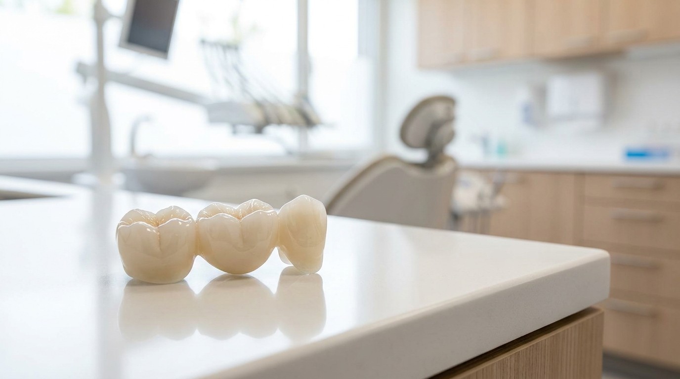 A three-unit dental bridge model shown next to implant options