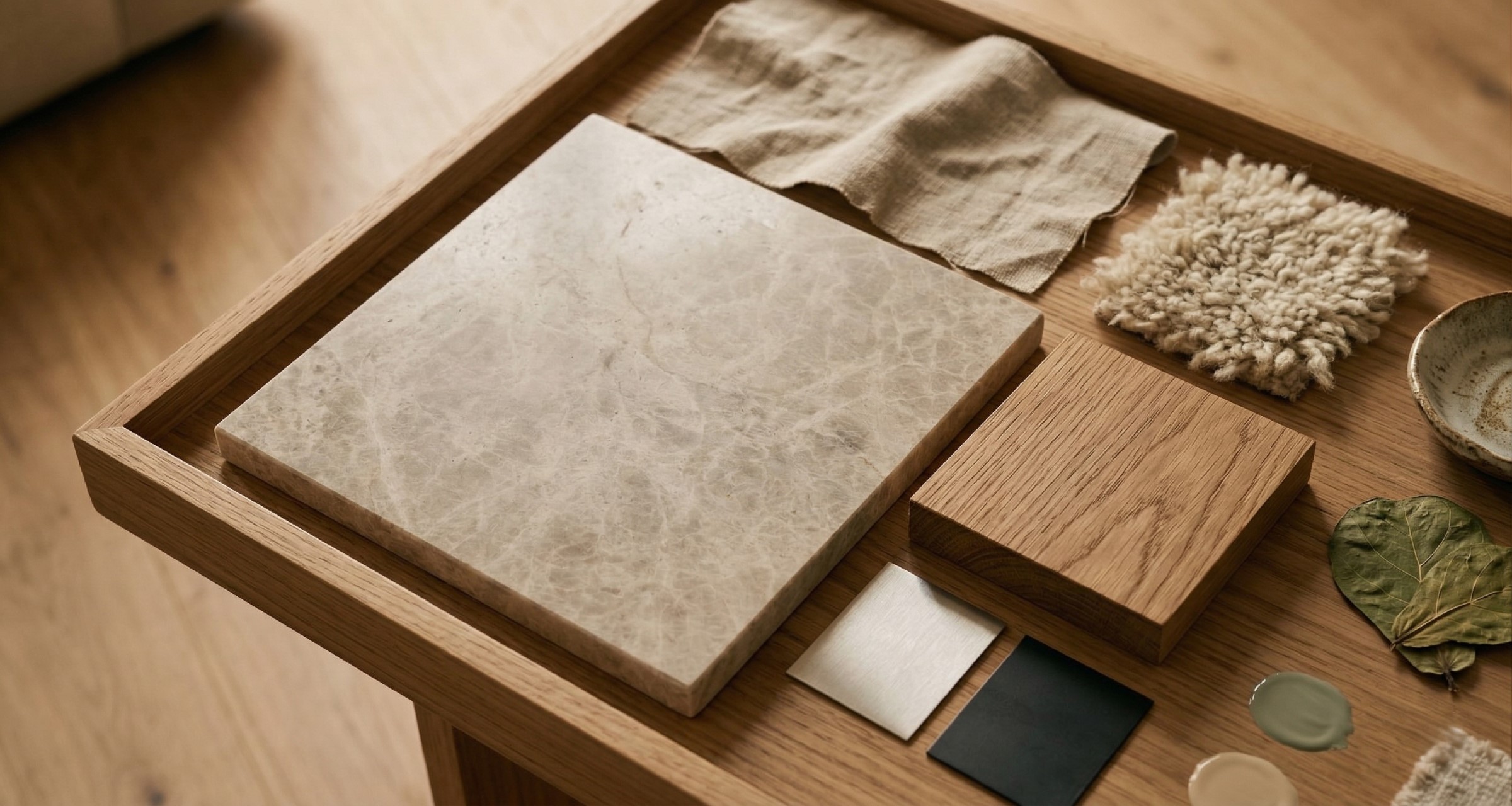 A wooden table with decorative elements, complemented by a light-colored fabric draped over a nearby chair.