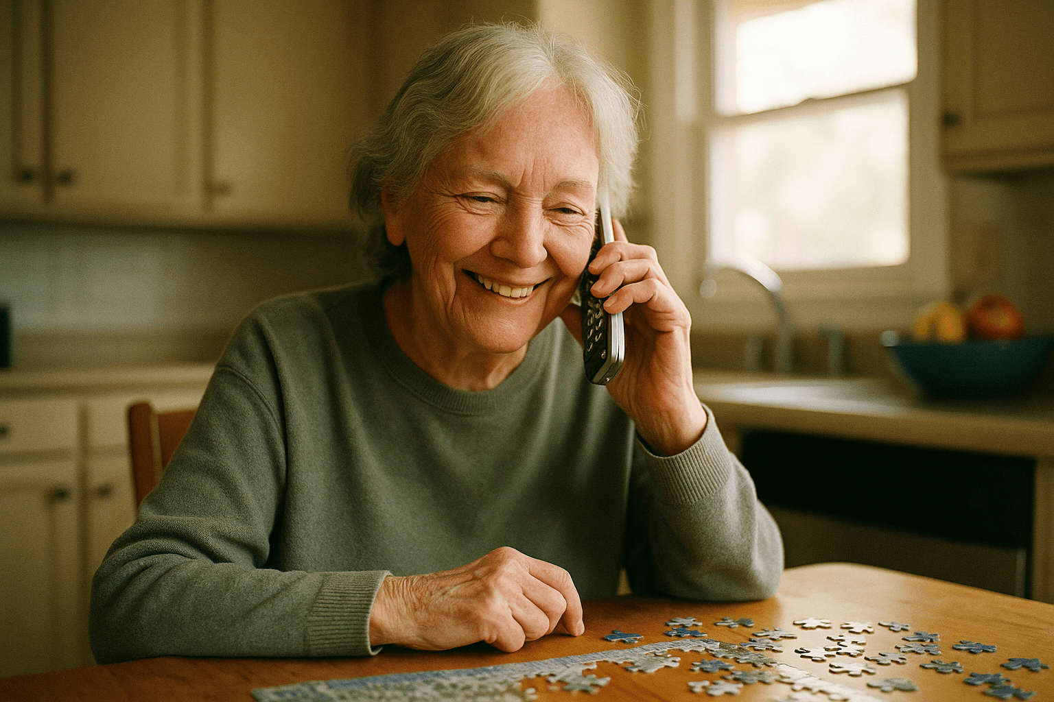 An elderly woman smiles while talking on a cordless phone at her sunlit kitchen table beside a jigsaw puzzle.