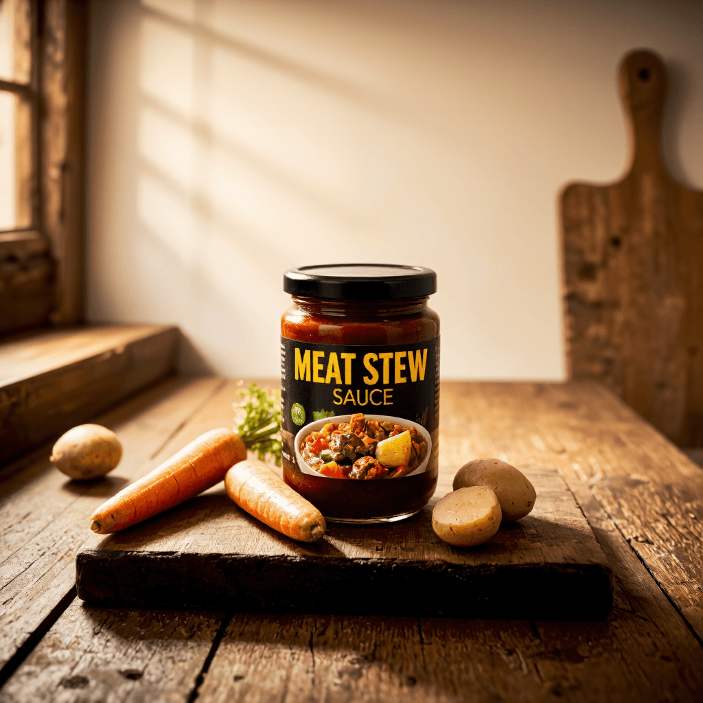 product photography of a container of meat stew sauce, used for cooking
