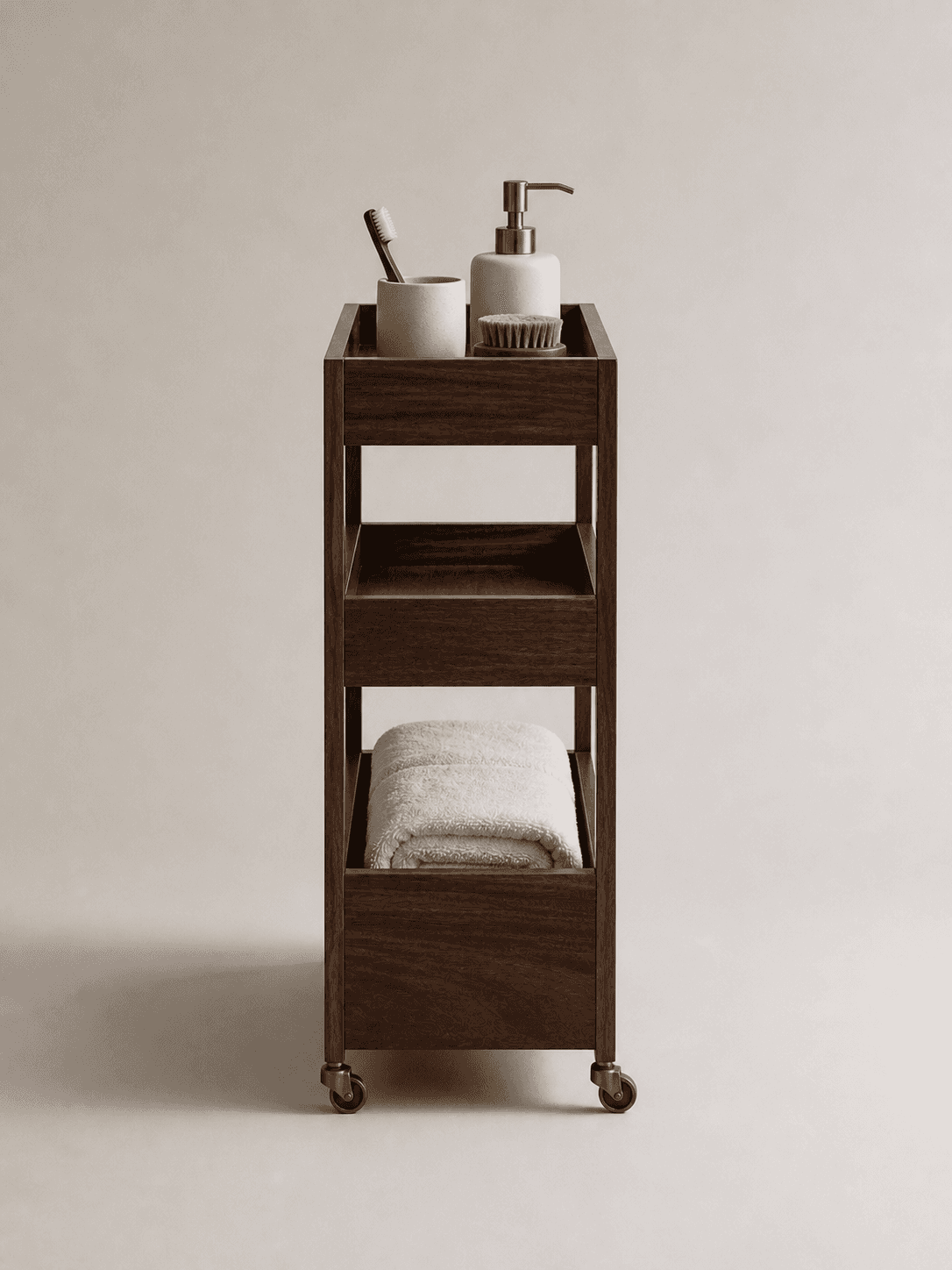 Minimalist wooden bathroom cart display
